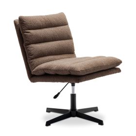 Brown Teddy Fabric 360° Swivel Accent Chair, Cross Legged Office Chair, Adjustable Armless Wide Home Lounge Chair for Bedroom, Living Room-1PC